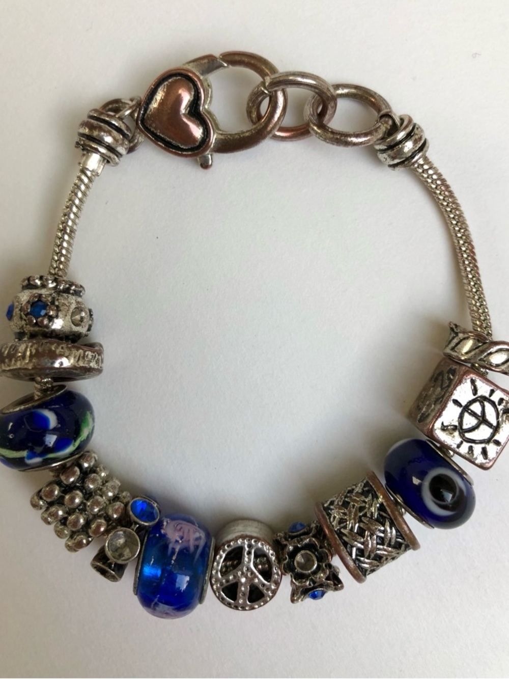 Vintage Brighton Silver Blue Peace Evil Eye 12 Charm Bead Bracelet